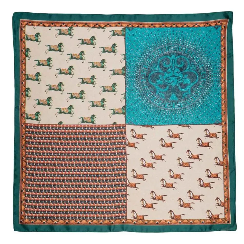 Equestrian Horse Print Silk Scarf in Teal & Cream